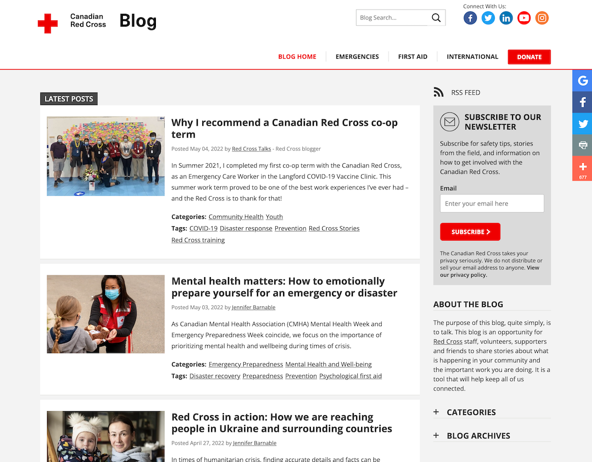 A desktop screen capture of the Canadian Red Cross Blog homepage.