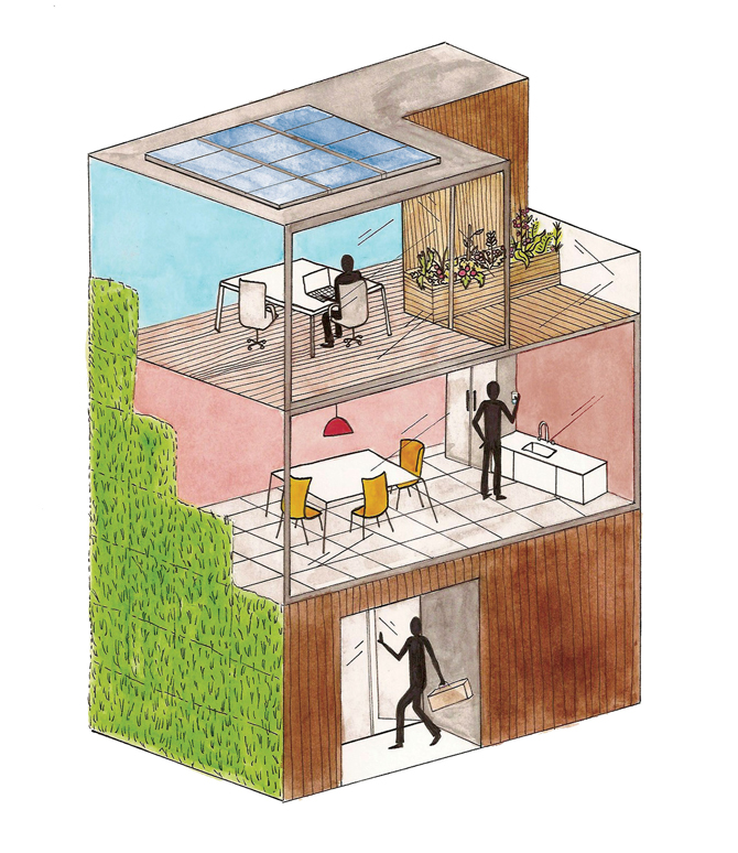 A drawing of a Green Building with cut to interior view