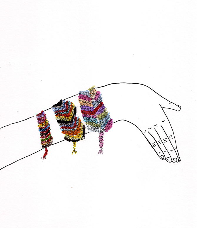 A drawing of a hand wearing a brightly coloured friendship bracelet.